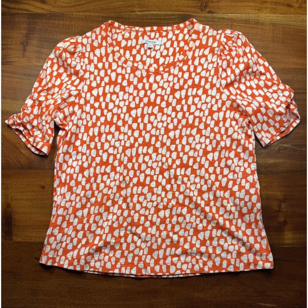 Chicos Women’s Orange Geo Print Puff Short Sleeve Shirt Top Size Large